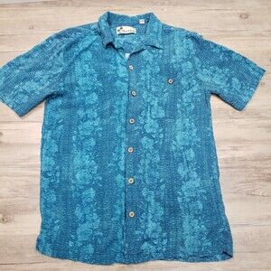 Oliver & Burke Hawaiian Shirt Large Men Blue Floral Print Button Up Short Sleeve